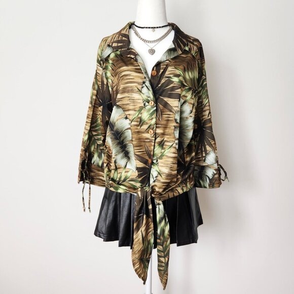 Vintage Tops - Vintage 70s Tropical Leaf Print Blouse Size 1X Tie Monstera Botanical Green Boho
